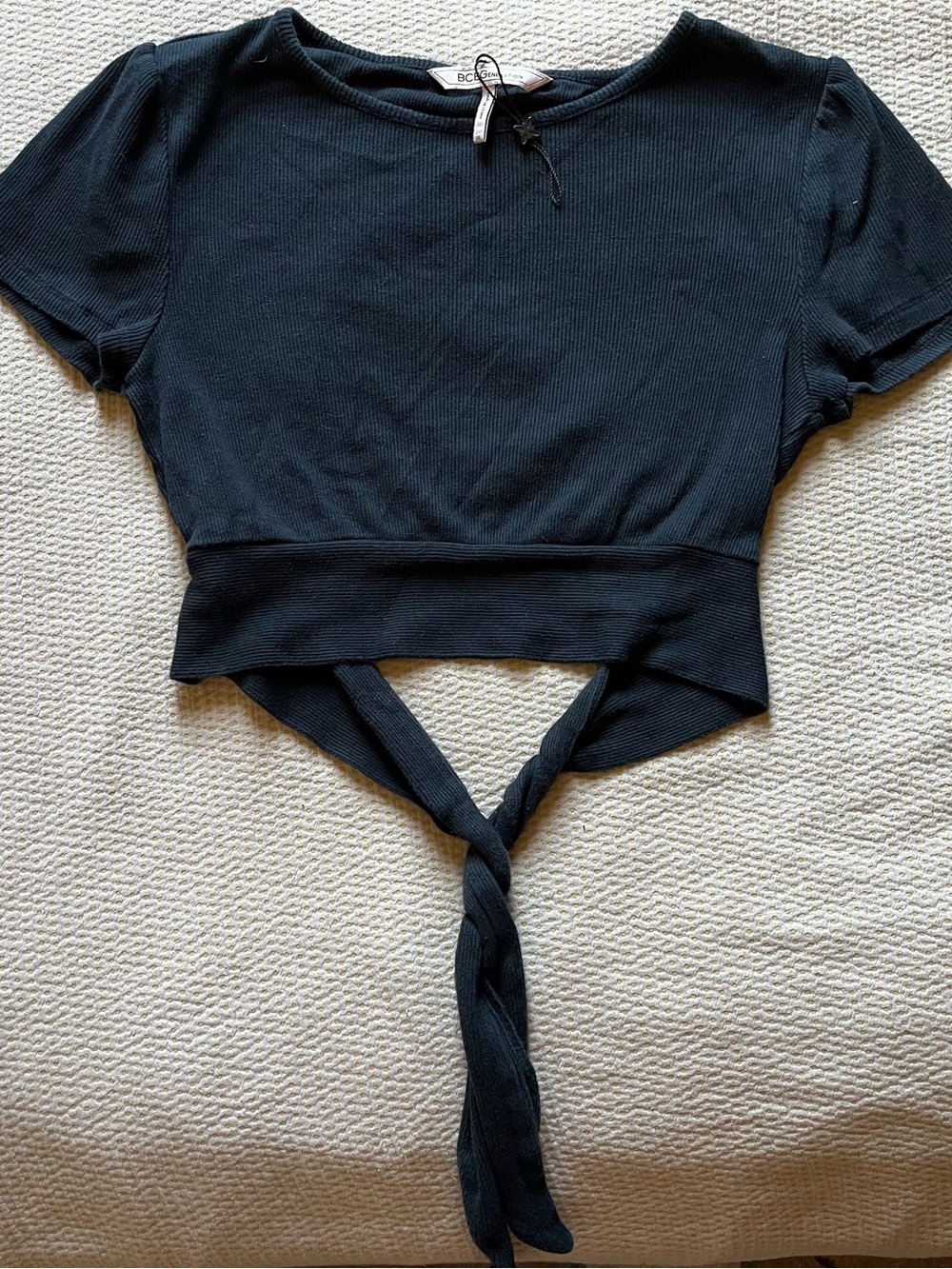BCBG Black Tie-Back Cropped Knit Top